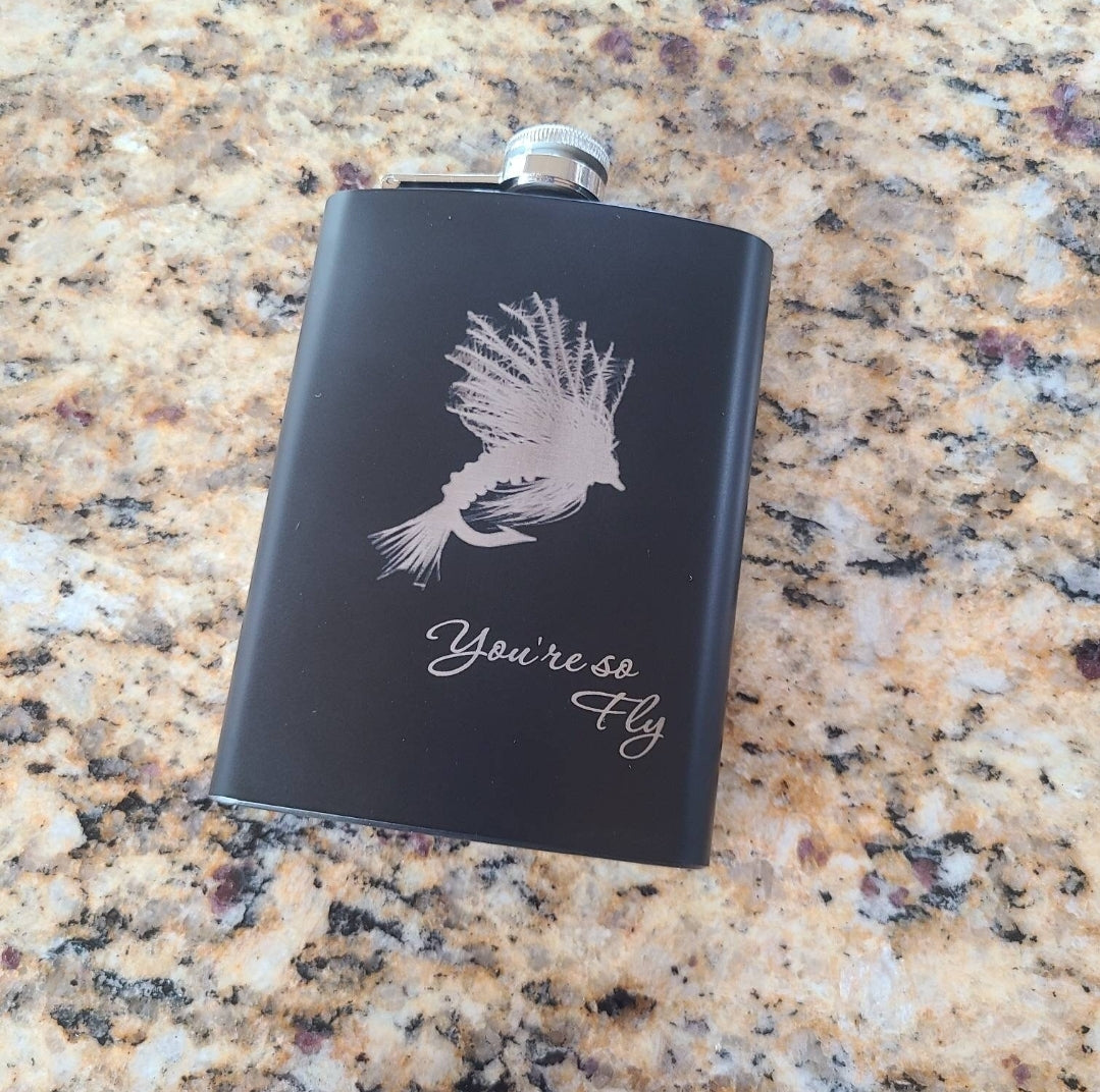 Metal beverage hip flask 8 oz. Black with Fly fishing "You're so Fly" themed image