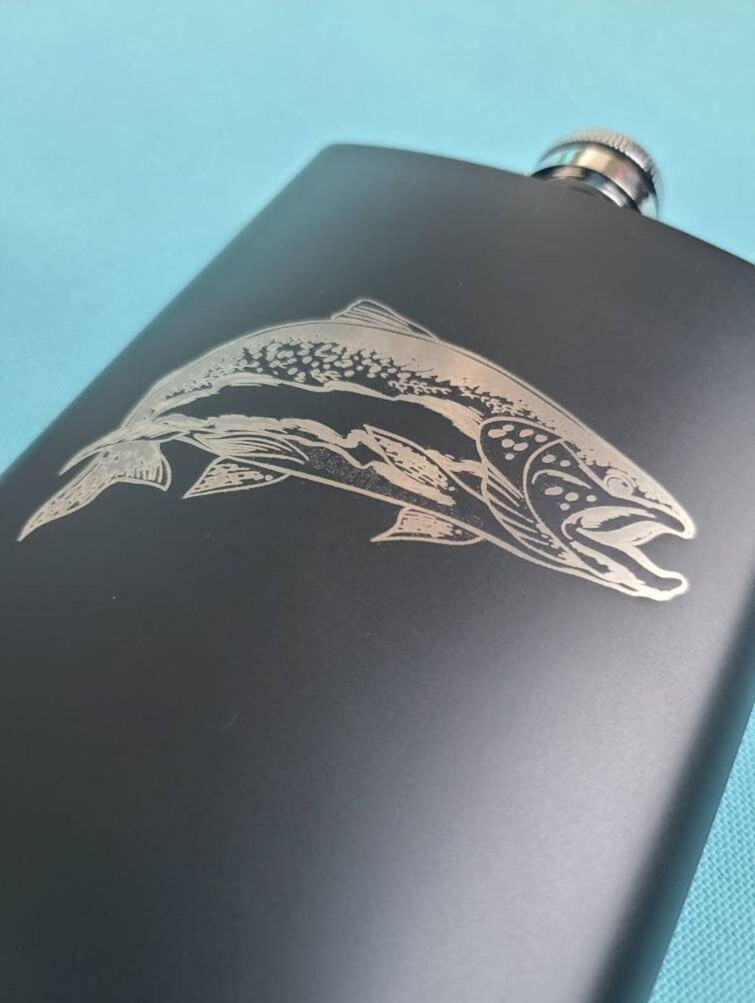 Metal beverage hip flask 8 oz. Black with Trout art fishing themed image
